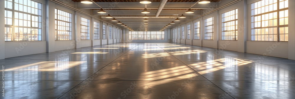 Empty Industrial Building with Sunlight Through Windows Empty Industrial Building with Sunlight Through Windows