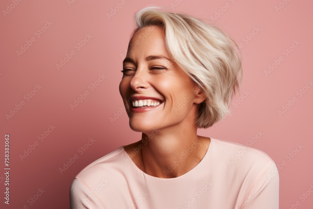 Happy young woman with short blond hair. Isolated on pink background. Happy young woman with short blond hair. Isolated on pink background.