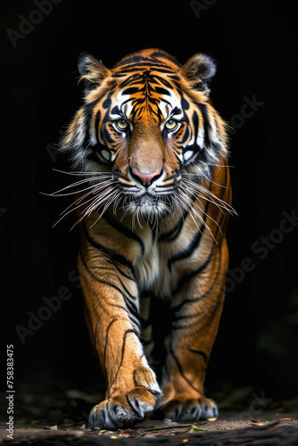 Close-Up of a Sumatran Tiger Against a Black Background