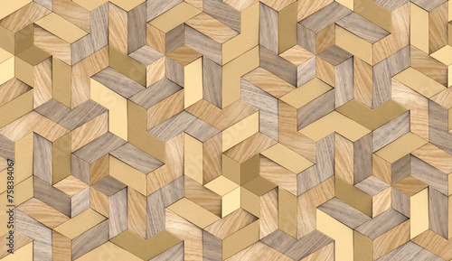 3D Wallpaper mosaic of solid wood particles and luxury golden metalic elements photo