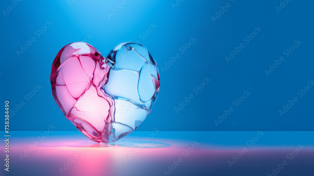 Naklejka premium A glass romantic shattered heart illuminated with colorful hues in the style of Valentine's Day, featuring soft feminine tones.