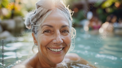 a joyful senior woman with a towel on her head, enjoying a relaxing soak in thermal waters surrounded by greenery. photo