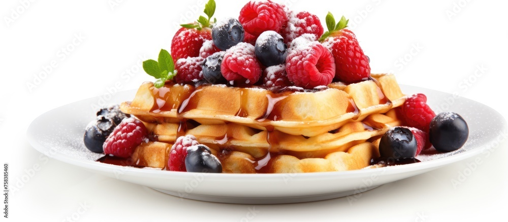 A plate with a stack of waffles and berries, showcasing a delicious combination of food ingredients and natural plantbased produce A plate with a stack of waffles and berries, showcasing a delicious combination of food ingredients and natural plantbased produce