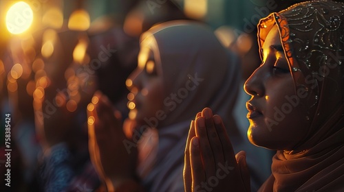 Close-Up Muslim People Pray in Islamic Ceremony in Mosque During Islamic Ramadan 