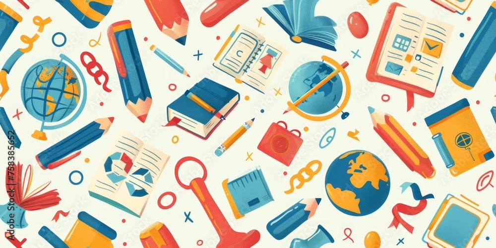 Scholarly Arrangement: Repeating Seamless Pattern Featuring School Pencils, Books, and Globes Scholarly Arrangement: Repeating Seamless Pattern Featuring School Pencils, Books, and Globes