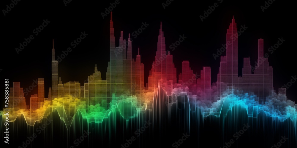 Iridescent cityscape soundwaves with a vivid gradient backdrop