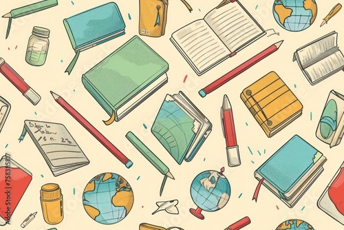 Educational Essentials: Seamless Pattern of School Pencils, Books, and Globes