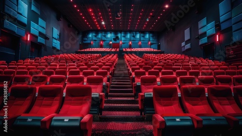 Interior View of Empty Movie Theater with Red Seats 
