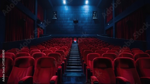 Interior View of Empty Movie Theater with Red Seats 