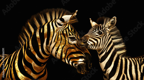 portrait of zebra with gold texture on black background 