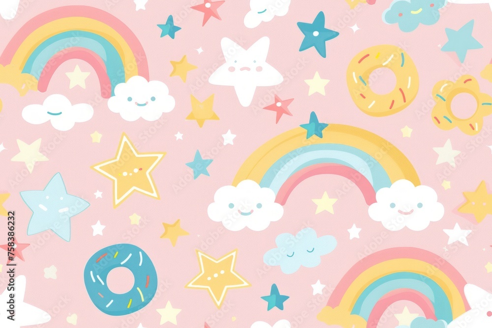 Magical Treats: Seamless Patterns of Clouds, Rainbows, Stars, and Donuts in Repetition