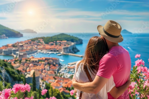 a couple wearing pink shirt and hat, hugging each other while looking at the city of Dubrovnik in blasting sun from behind on sunny day Generative AI