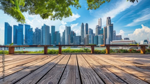 Wooden Plaza Overlooking City Skyline and High-rise Buildings
 photo