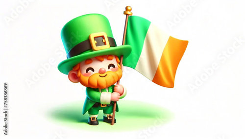 Red-haired Leprechaun holding the flag of Ireland in his hands on a white background photo