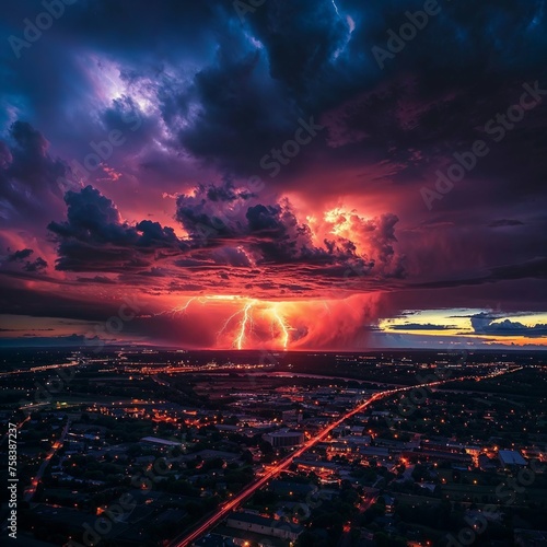 Photorealistic ai artwork of a large thunderstorm with lightning over a city at night. Generative ai.
