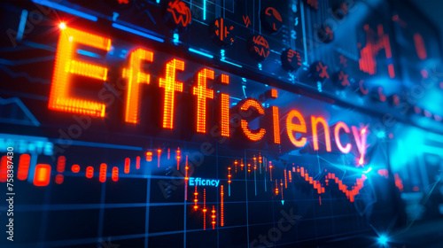 'Efficiency' beams in high-definition from an electronic screen, its modern typography an emblem of streamlined productivity and the pursuit of optimization. Banner. Copy space.