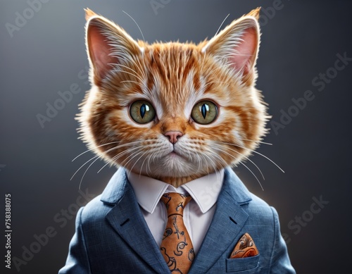 An orange cat wearing a blue suit and a brown tie with orange patterns. © i-element