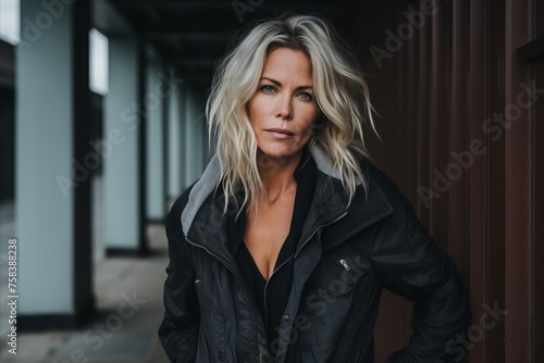 Portrait of a beautiful blonde woman in a black leather jacket.