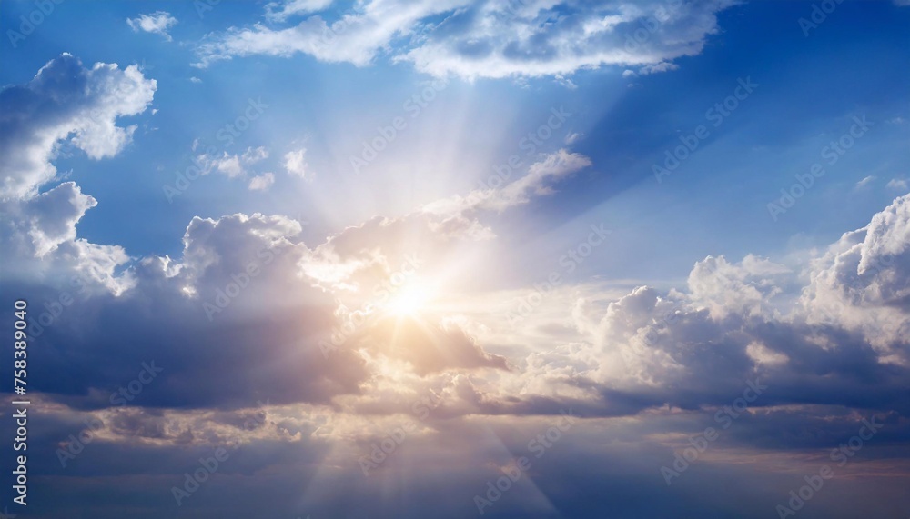 Obraz premium Blue sky with white clouds and sunbeams. Nature background.