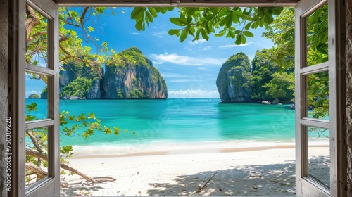 View from the house from inside an open window to the beach with blue water  white sand beach  rocks in the background  turquoise sea water  tropical forest  sunny day. View from the window.