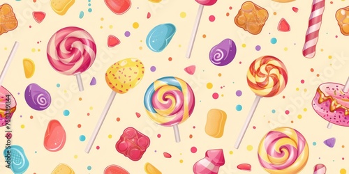 Candyland Bliss: Repeating Seamless Pattern Featuring Lollipops, Gummy Candies, and Shaped Treats