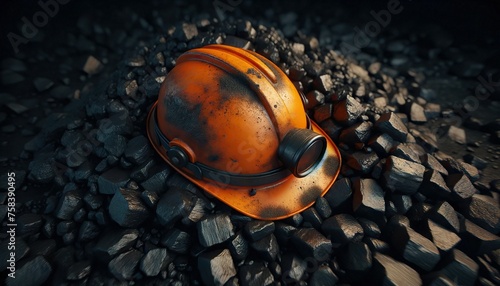 An orange miner's helmet with a flashlight lying on a pile of coal. The concept of hard physical labor. A helmet is an important element of safety and work in mines