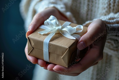 Neutral Pastel Gift Box Held by Female Hands with White Ribbon photo