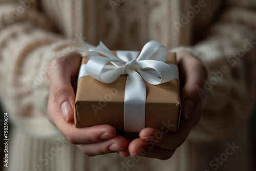 Pretty Present: Woman's Hands Holding Neutral Gift Box with White Ribbon photo