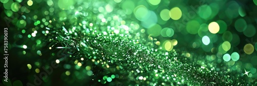 Shimmering Green Christmas Background with Abstract Bokeh Lights
