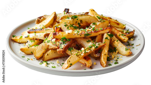 Garlic Parmesan Fries on a plate isolated on transparent png background. Generative ai 