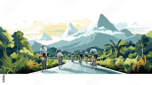 A group of cyclists racing down a scenic highway 