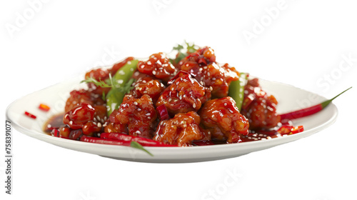 General Tsos Chicken on a plate isolated on transparent png background. Generative ai 