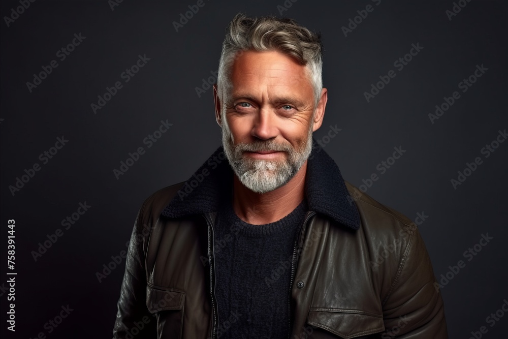 Portrait of a handsome mature man with grey beard wearing a leather jacket. Portrait of a handsome mature man with grey beard wearing a leather jacket.