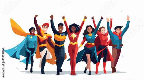 A group of diverse superheroes celebrating 