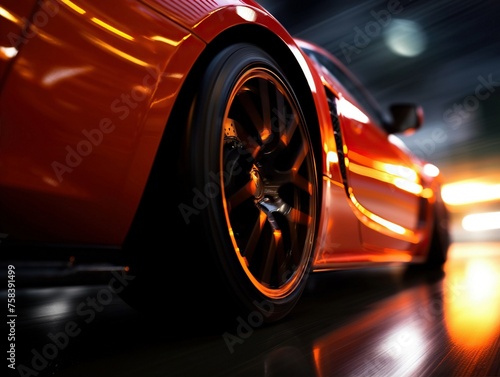 Red sports car in motion, focus on the wheel with clearly visible parts and rim. Lighting and blur emphasize the effect of fast movement. Speed concept. Low angle view