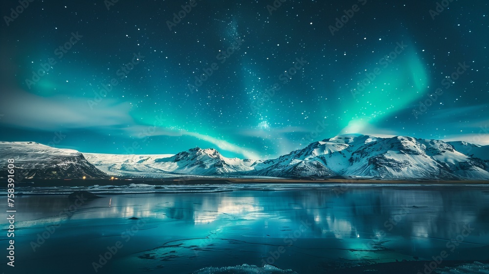 Naklejka premium landscape with lake and mountains