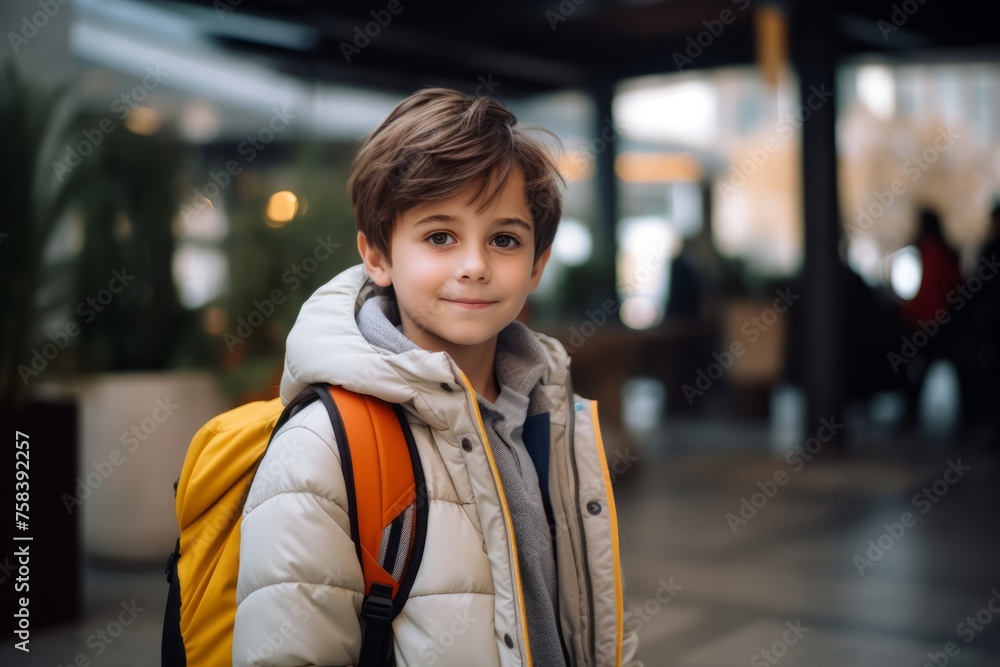 Portrait of a cute little boy with a backpack in the city Portrait of a cute little boy with a backpack in the city