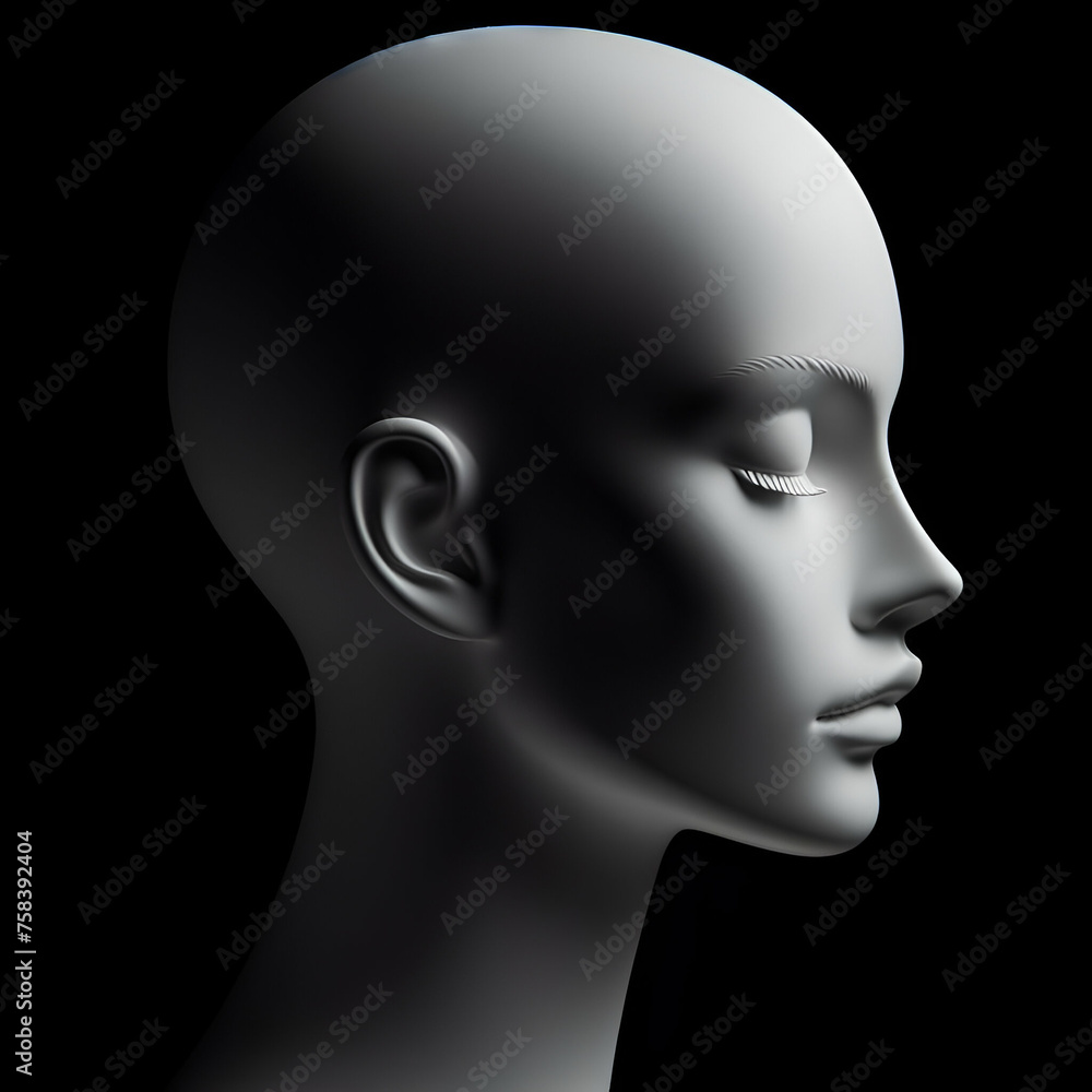 Studio Side View of Plastic Blank White Female Girl Generic Human Fashion Mannequin Fake Sculpture Head Profile isolated Dark Black Background Surreal Art Clothing Store Body Organs Marketing Display