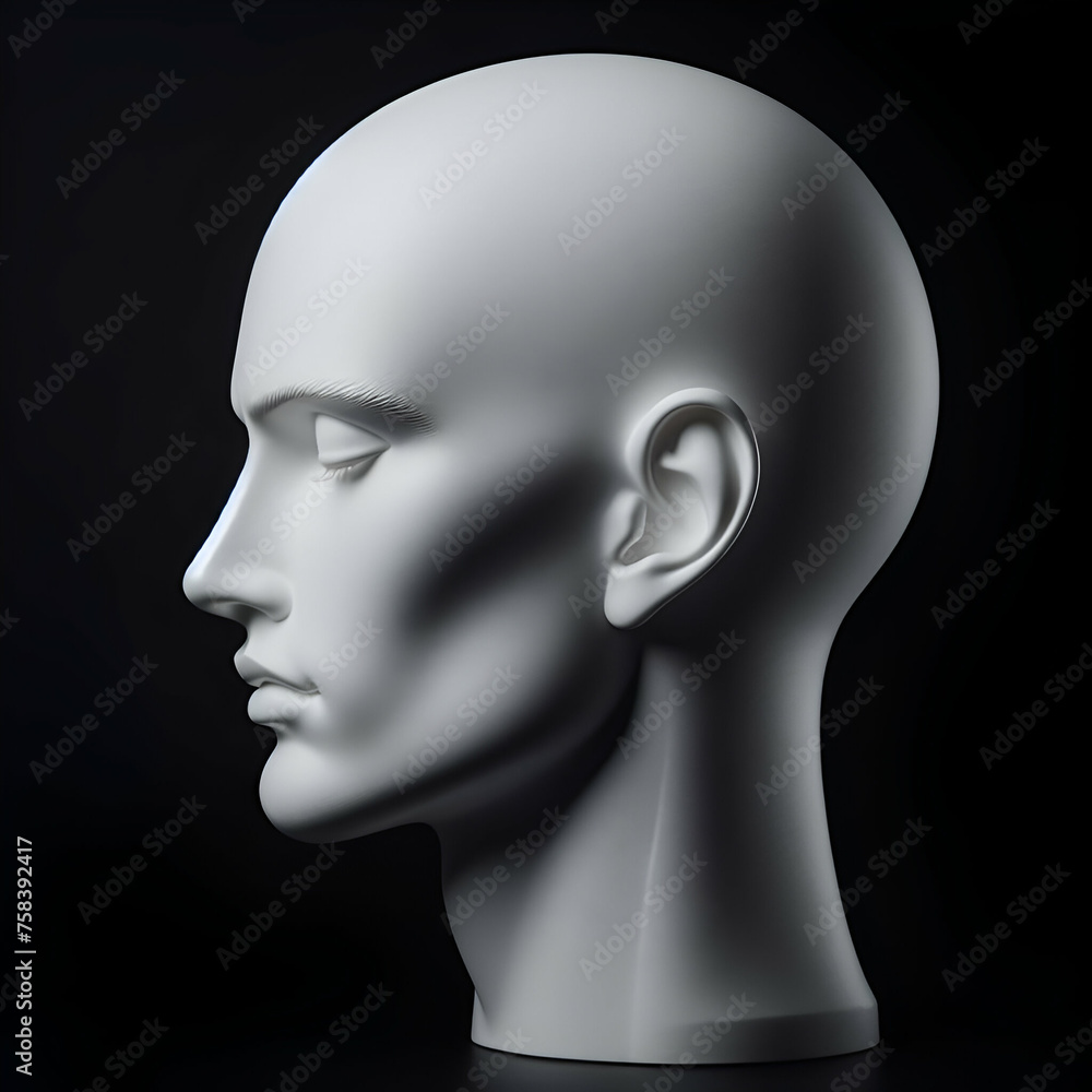 Studio Side View of Plastic Blank White Female Girl Generic Human Fashion Mannequin Fake Sculpture Head Profile isolated Dark Black Background Surreal Art Clothing Store Body Organs Marketing Display Studio Side View of Plastic Blank White Female Girl Generic Human Fashion Mannequin Fake Sculpture Head Profile isolated Dark Black Background Surreal Art Clothing Store Body Organs Marketing Display