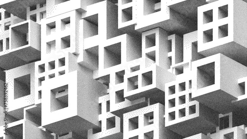 Abstract geometrical architectural construction structure in stippling style design for banner, poster, cover, flyer. Pointillism. Dotwork. Noisy grainy shading using dots. Vector illustration