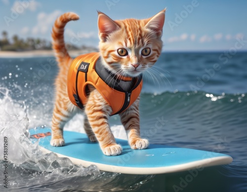 An orange tabby kitten wearing a life vest is riding a surfboard on a small wave.