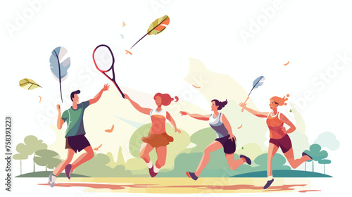 A group of people playing badminton with rackets an