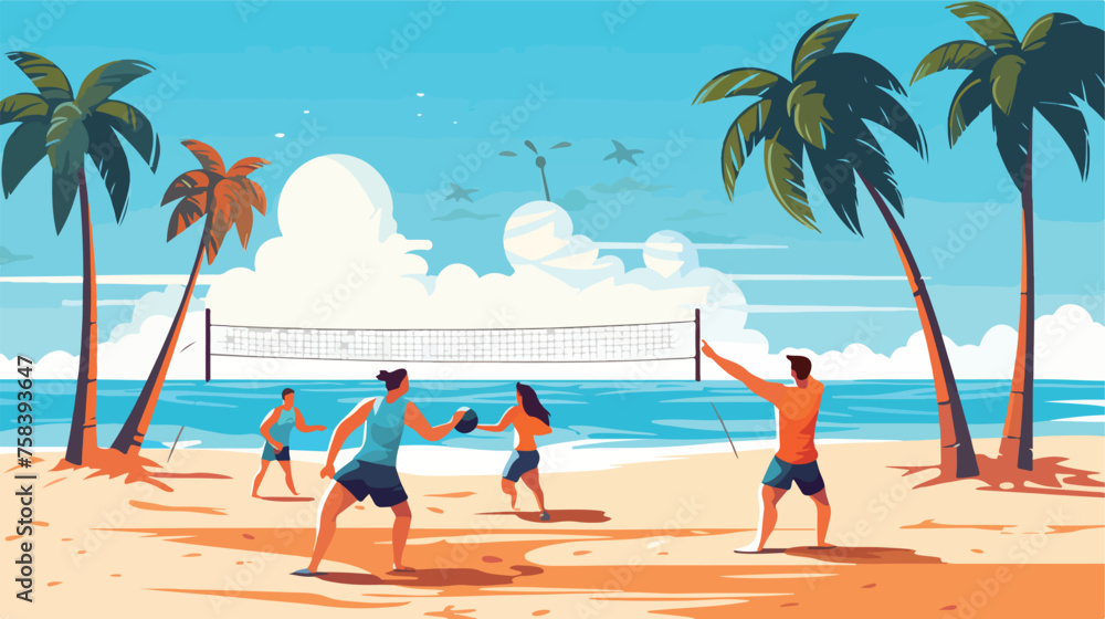 A group of people playing volleyball on a sandy bea