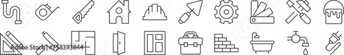 Set of line icons of building and construction. Editable stroke. Simple outline sign for web sites, newspapers, articles book