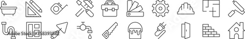 Pack of line icons of building and construction. Editable stroke. Simple outline sign for web sites, newspapers, articles book