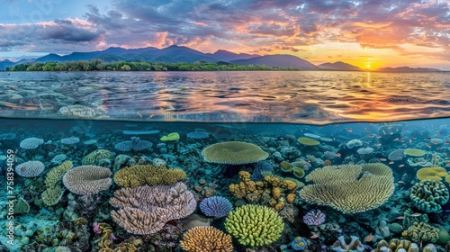 Split view sunset at great barrier reef coral ecosystem, queensland, australia for wallpaper
