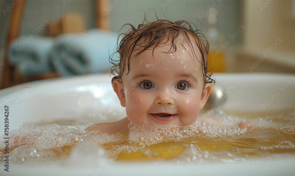 A cute happy baby in bathtub A cute happy baby in bathtub