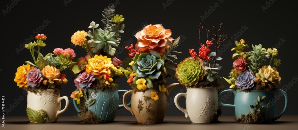 A row of flowerfilled coffee mugs adorns a table, serving as unique flowerpots for houseplants. The petals bring a touch of nature to the serveware A row of flowerfilled coffee mugs adorns a table, serving as unique flowerpots for houseplants. The petals bring a touch of nature to the serveware