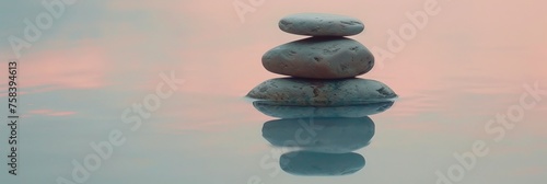 Tranquil waters display serene zen stones reflecting the captivating beauty of the sunset