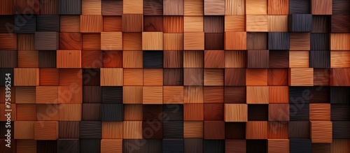 A detailed shot capturing the intricate pattern of rectangular wooden squares forming a brown wall. The wood stain adds depth and character to the buildings interior